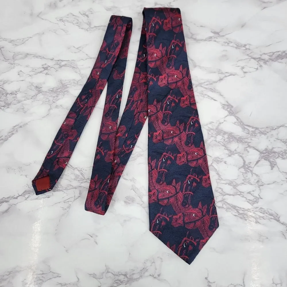80s Italian Silk Horse Derby Necktie Blue and Red Men's Tie Equestrian Vintage